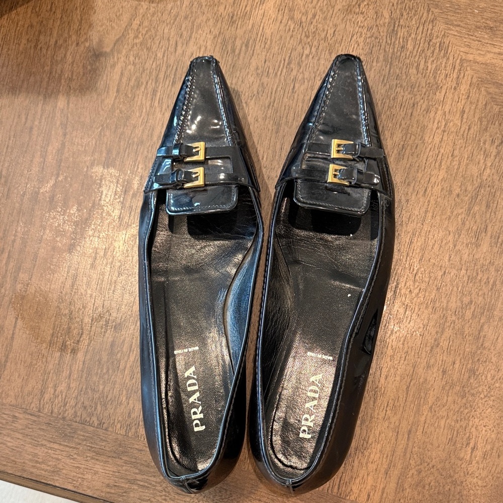 Prada Black Leather Loafers with Gold Buckles